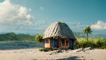 Beach house on tropical beach with palm trees and white sand under blue sky 3d illustration - obrazy, fototapety, plakaty