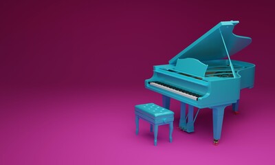 3d illustration, classic piano, pink background, copy space, 3d rendering.