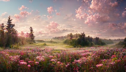 Evening on a blooming green meadow with trees and shrubs under a sky with pink clouds 3d...