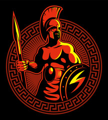 Ancient greek, spartan warrior with a spear and shield in his hands and round greek ornament, is standing ready to attack. Vector illustration isolated on black background.