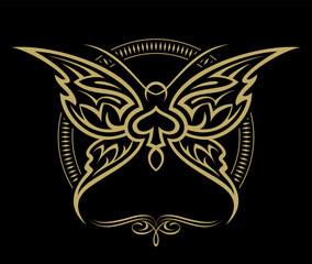 Tattoo, tribal style butterfly illustration. Tattoo style logo design concept. Isolated on black background.