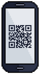 Pixel art mobile phone with QR code on screen vector icon for 8bit game on white background