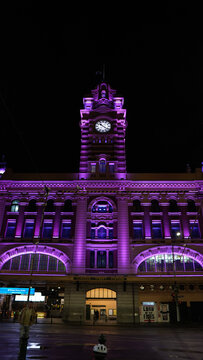 City Street At Night. Purple Light. Flinders Street Station.