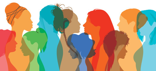 A woman in profile with multicultural and multiethnic women inside. The concept of racial equality, anti-racism, and supporting other women.