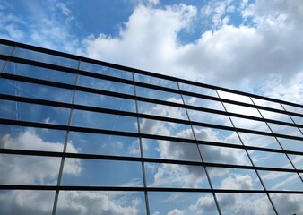 Modern futuristic glass facade of corporate finance office skyscraper business building architecture blue sky glass reflection.