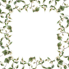 Snowberry twigs square wreath watercolor composition.Botanical frame illustration for wedding invitation, logo, postcards, decor