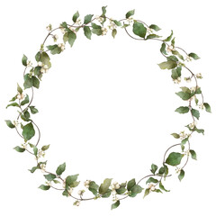 Snowberry twigs circle wreath watercolor composition.Botanical frame illustration for wedding invitation, logo, postcards, decor