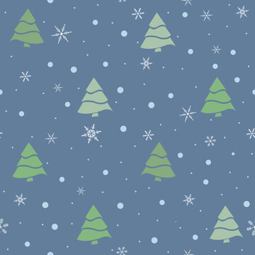 winter or Christmas seamless pattern with fir trees and snowflakes on a dark blue background © Ирина Гутыряк