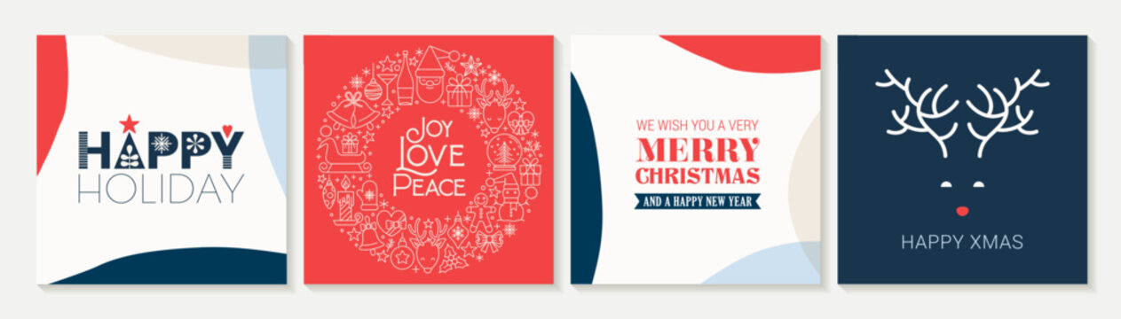 Ornate Merry Christmas greeting cards. Trendy square Winter Holidays art templates