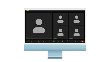 Video conference user interface, Five users. Video conference calls window overlay on desktop, video chat UI elements, webinar, online meeting. Vector illustration
