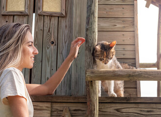Happy smiling young blond woman trying to rescue and touch a wild street cat in a wooden structure
