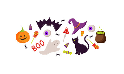 Cartoon set of Halloween icons, vector doodle illustration, holiday elements day of the dead.