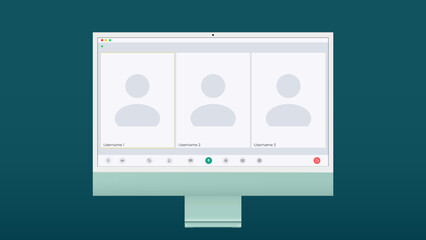 Video conference user interface, three users. Video conference calls window overlay on desktop, video chat UI elements, webinar, online meeting. Vector illustration