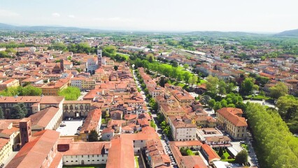 Fototapeta na wymiar Aerial view of Lucca cityscape in spring season, Tuscany - Italy