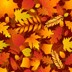 3d realistic autumn leaves oak, birch, maple. Seamless pattern. Autumnal leaf background in orange, yellow colors, tree foliage . Design for web, textile print, repeat wallpaper. Vector illustration.