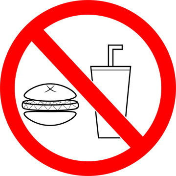 Sign of prohibition of food and drink in a place. Eating or drinking is not allowed in this area. Vector image to restrict food and drink	