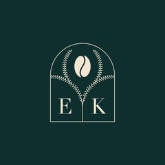 EK initial monogram with coffee bean logo design - obrazy, fototapety, plakaty