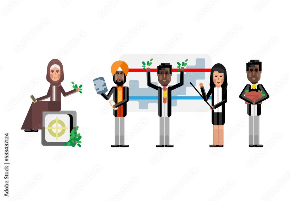 Wall mural Multiethnic business team doing presentation before arabic businesswoman in hijab sitting on bank safe with money. Corporate multicultural business people isolated vector illustration.