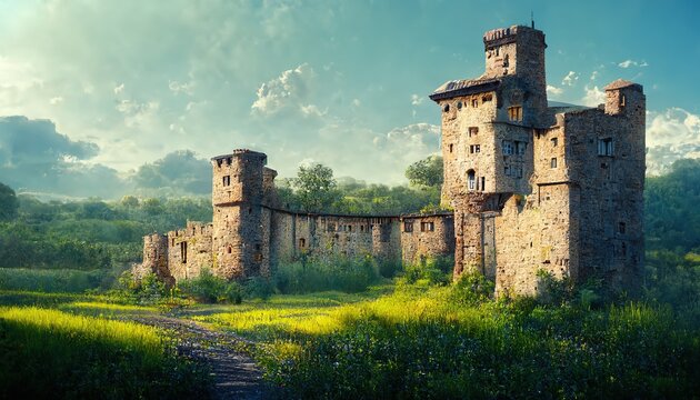 Landscape with a castle with stone walls and green trees, a sandy road under a blue sky with white clouds 3d illustration