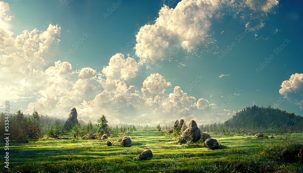 Poster landscape of a green field with coniferous trees and rocks under a blue sky with clouds 3d illustrat