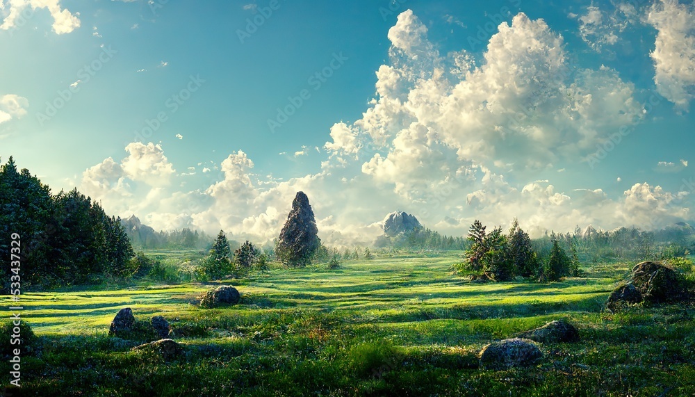 Poster summer landscape of a green field with coniferous trees under a blue sky with clouds 3d illustration