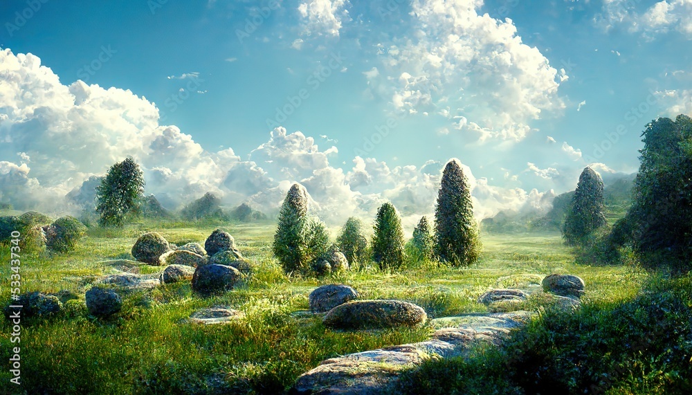 Poster summer landscape of a green field with coniferous trees and huge drops under a blue sky with clouds 