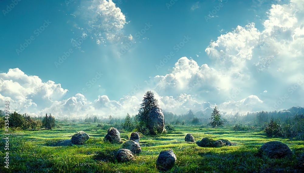 Poster summer landscape of a green meadow with coniferous trees and huge drops under a blue sky with clouds
