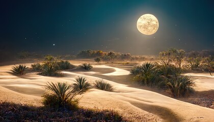 Night desert with an oasis under the starry sky and full moon 3d illustration - obrazy, fototapety, plakaty
