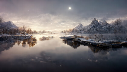 Winter landscape with a pond, mountains on the horizon, green islands of land and a full moon in the sky 3d illustration - obrazy, fototapety, plakaty