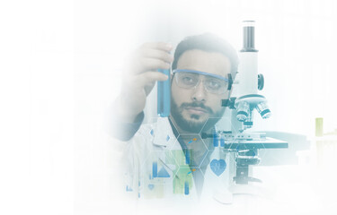 Medical science laboratory microscope and test tube analyze the test sample.