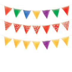 Carnival garland with flags. Decorative colorful party pennants for birthday celebration, festival and fair decoration. Holiday background with hanging flags.