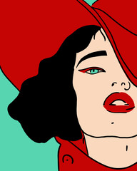 Beautiful girl wearing a red hat with red lips on a green background. Fashion illustration concept