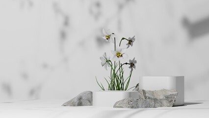 natural white podium mockup or pedestal with white flower, empty platform for beauty product showcase and presentation, 3d rendering