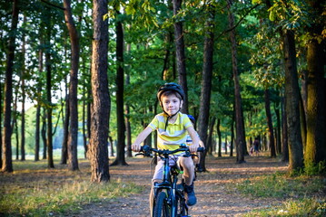 Naklejka premium Portrait of happy active teenage boy in safety helmet relaxing after school riding his bike in beautiful park on sunny autumn day