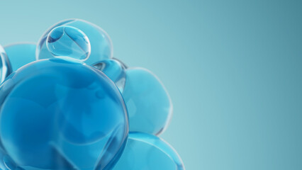 Close up of blue oil bubbles abstract. Natural cosmetics essential oil drops. 3d render illustration