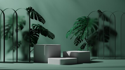 natural leaf and green backdrop with white podium mockup or pedestal, empty platform for product showcase and presentation, 3D rendering