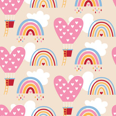 Seamless cute vector pattern with hot air balloons in the sky, rainbows, clouds