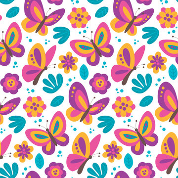 Seamless Cute Vector Floral Spring Pattern With Insects, Butterfly, Flowers, Plants, Leaves