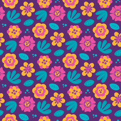Seamless cute vector floral pattern with flowers, plants, branches, leaves, nature