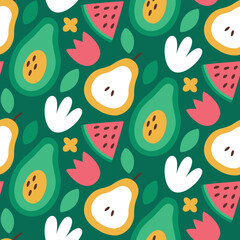 Seamless vector abstract floral pattern with fruits, pears, watermelon, avocado, cherry, leaves, plants, flowers