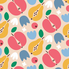 Seamless vector abstract floral pattern with fruits, apple, pear, leaves, plants, berry, flower