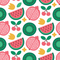 Seamless vector abstract floral pattern with fruits, watermelon, kiwi, pomegranates, berries, cherry, leaves, plants, flowers