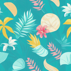 Fototapeta na wymiar Beach Seamless Pattern with Tropical Vegetation