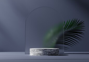 natural leaf and dark backdrop with white marble podium mockup or pedestal, empty platform for product showcase and presentation, 3D rendering