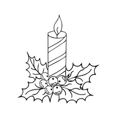 СhristmasCandle, holiday, New Year decor: Christmas trees, fireworks, decorations, bells, candles, Santa Claus, gifts, angels, Christmas star. For holiday decor. Contour hand drawing in doodle style. 