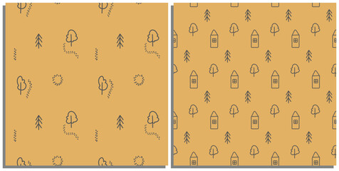 Set of seamless patterns with cute houses, trees and footprints. Pattern for packaging, fabric, clothes and any designs. Children's cute drawing. Vector ornament. A simple line drawing.