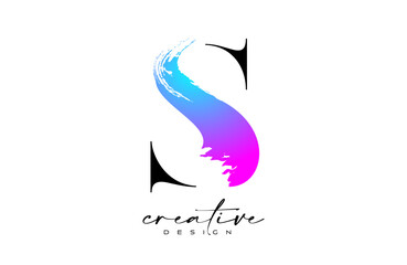 Brush Stroke Letter S logo desgn with Artistic Colorful Blue Purple Paintbrush Stroke Vector
