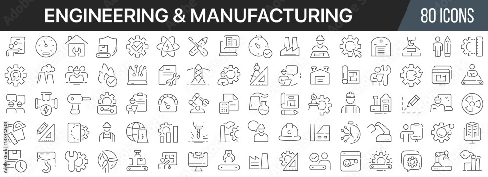 Poster Engineering and manufacturing line icons collection. Big UI icon set in a flat design. Thin outline icons pack. Vector illustration EPS10