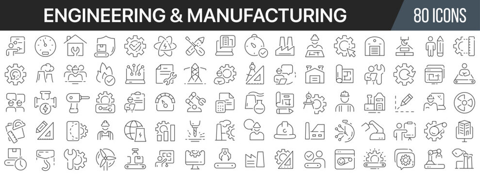 Engineering and manufacturing line icons collection. Big UI icon set in a flat design. Thin outline icons pack. Vector illustration EPS10