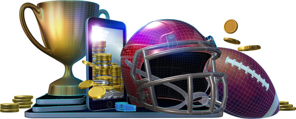 Concept image of profitable online gambling on the winning outcome of American football sport events. 3D rendered illustration